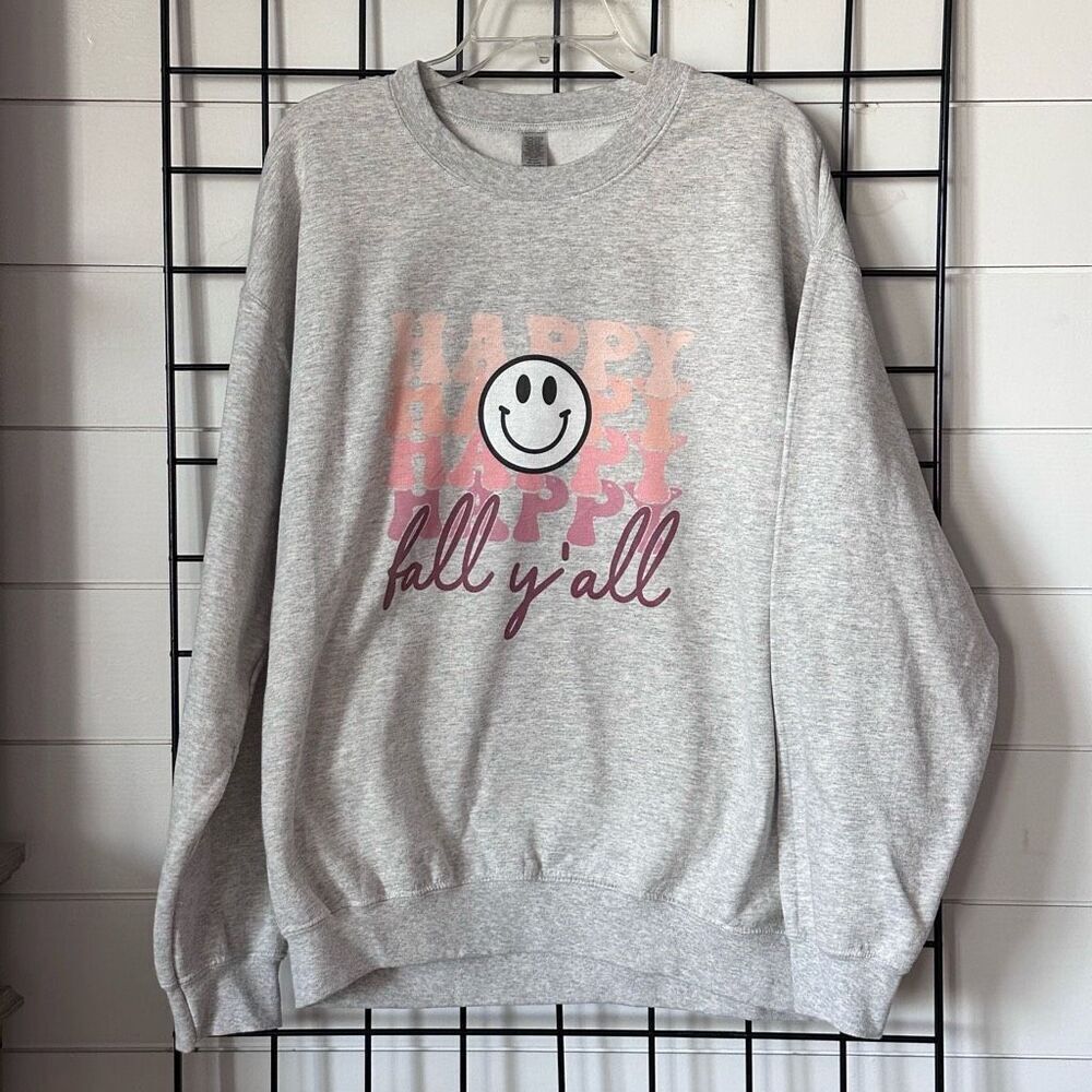 Happy Fall Y’all Smiley Ombré Sweatshirt Womens L Grey‎ Cottagecore Smile
